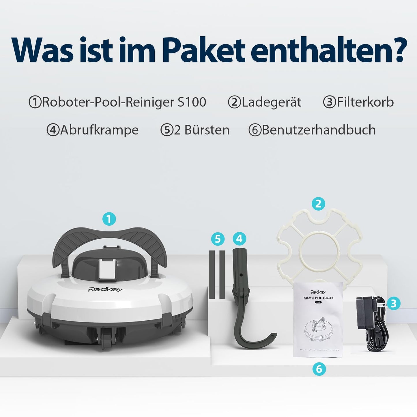 Redkey S100 Poolroboter Akku, 130 Min, 18° Steigung, Für Pools bis 100 m²