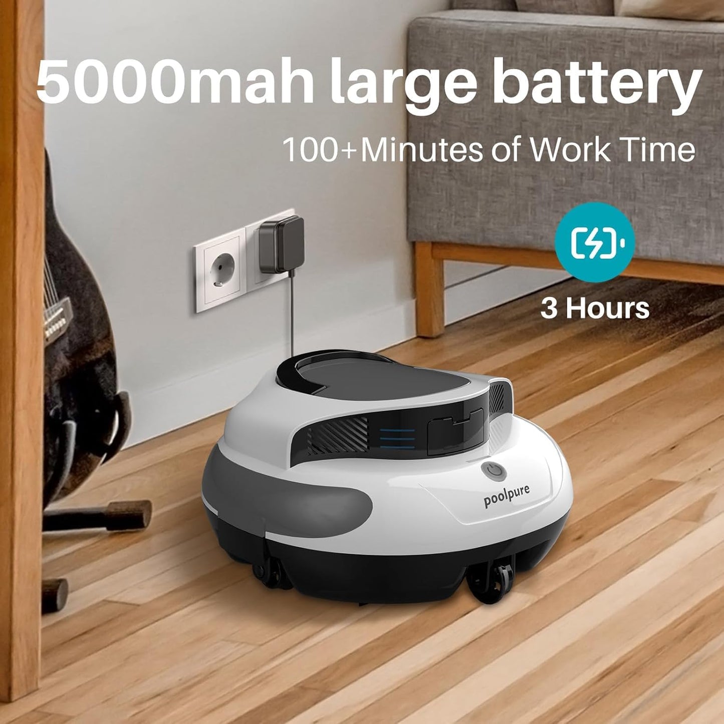 POOLPURE Poolroboter, Akku 5000 mAh, 120 Min, LED, IPX8, Für Pools bis 90 m²