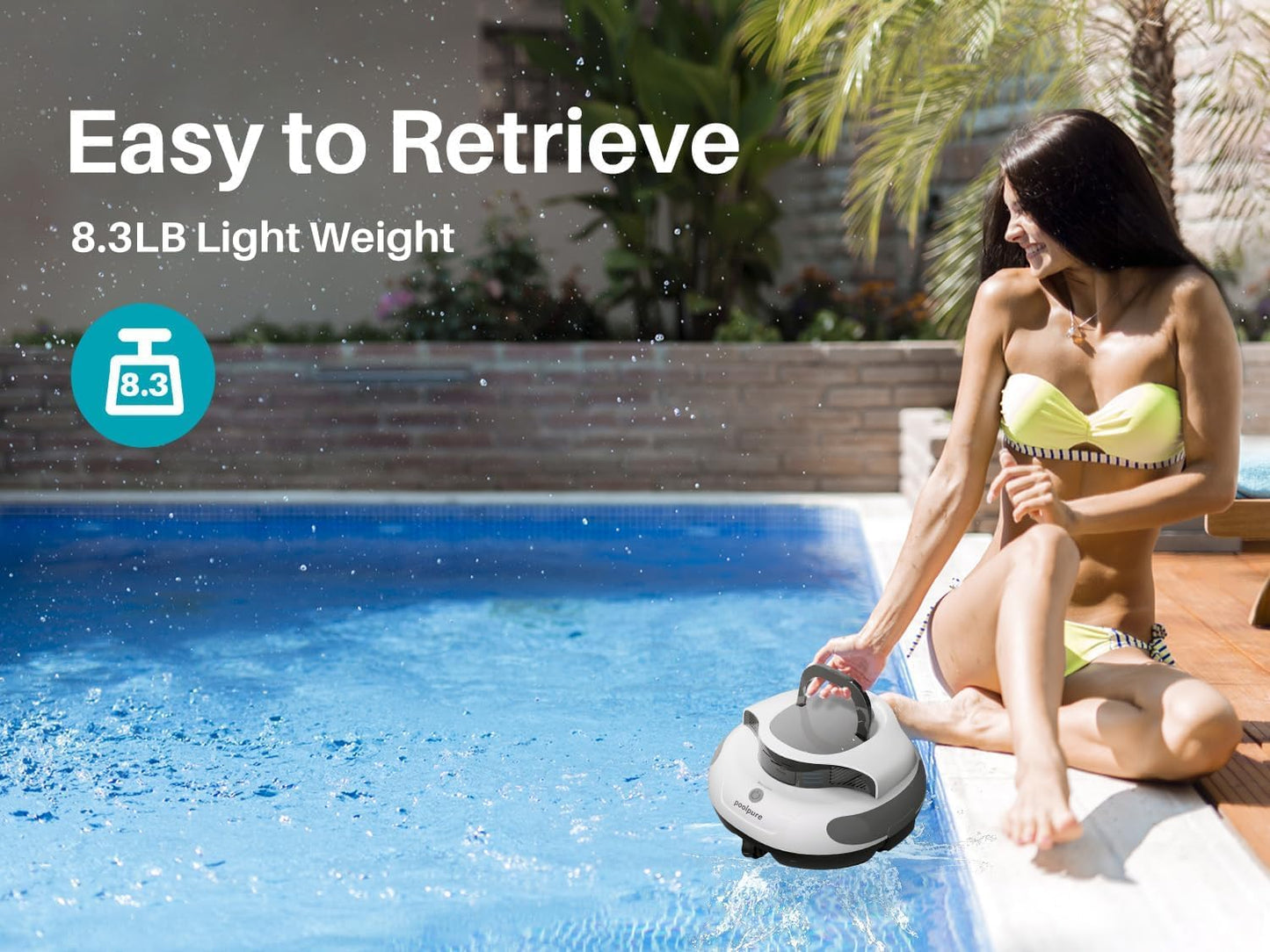 POOLPURE Poolroboter, Akku 5000 mAh, 120 Min, LED, IPX8, Für Pools bis 90 m²