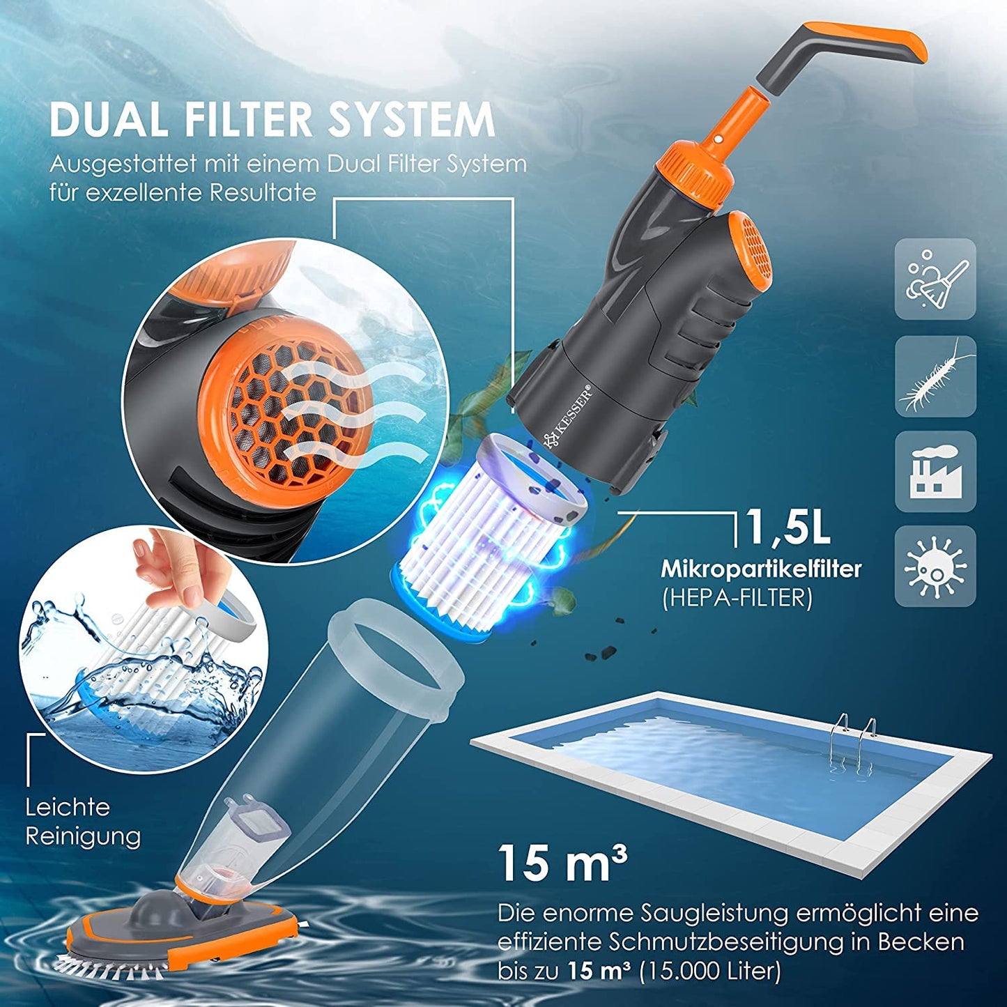 KESSER® Poolsauger mit Akku, Teleskopstange 3,6 m, 2 Stufen, Bis 15 m³, Inkl. Cover, Orange