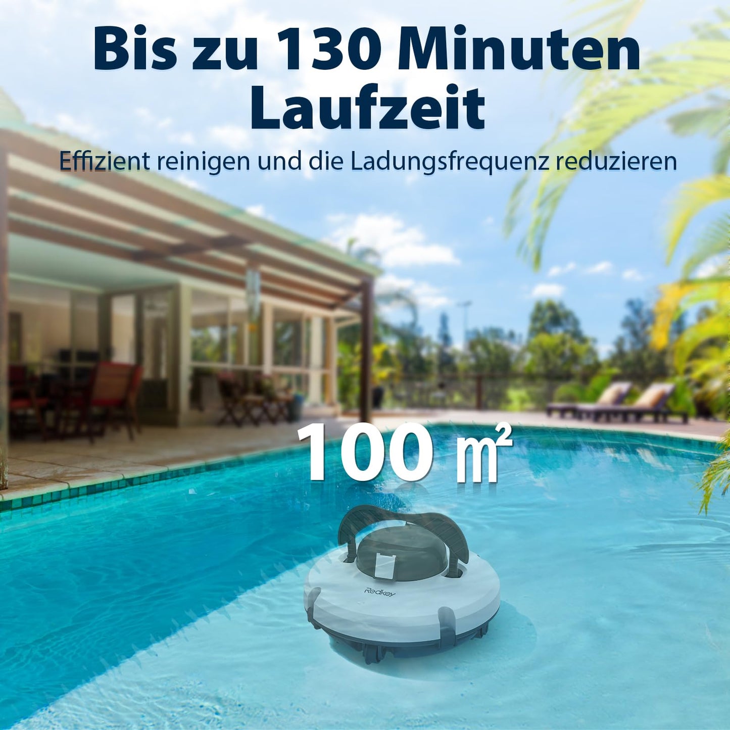 Redkey S100 Poolroboter Akku, 130 Min, 18° Steigung, Für Pools bis 100 m²