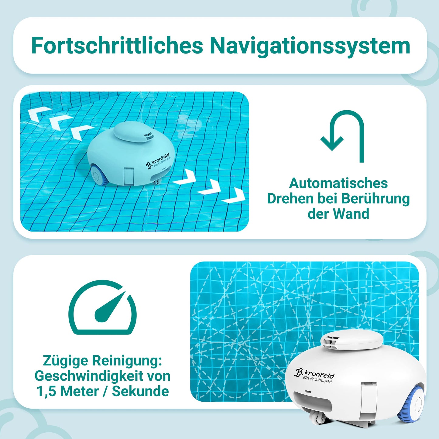 KRONFELD Poolroboter Akku, 90 Min Reinigung, Feinstaubfilter, Roby 2.0 für alle Pools