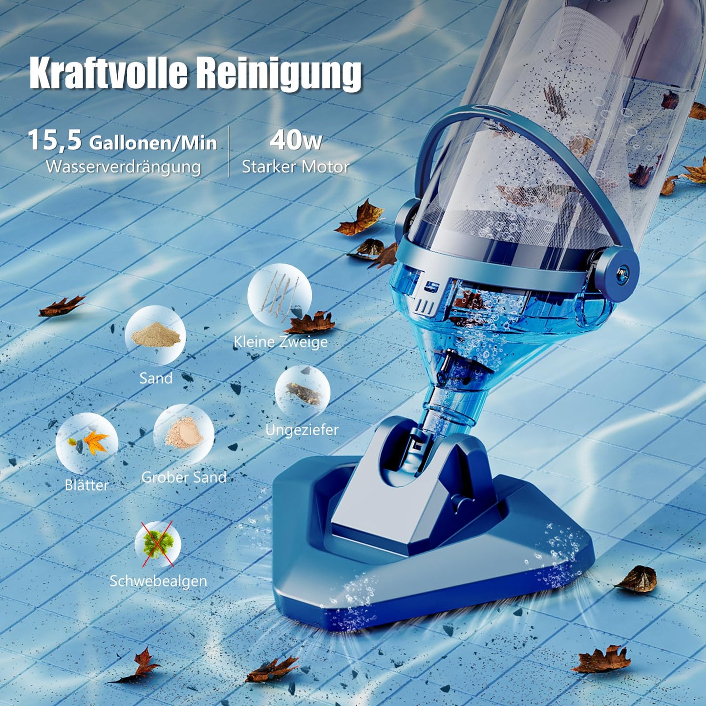 Enhulk Poolsauger Akku, 60 Min, Filter & Teleskopstange, Für Aufstellpools & Spas