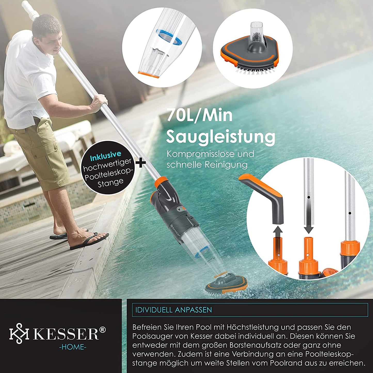 KESSER® Poolsauger mit Akku, Teleskopstange 3,6 m, 2 Stufen, Bis 15 m³, Inkl. Cover, Orange