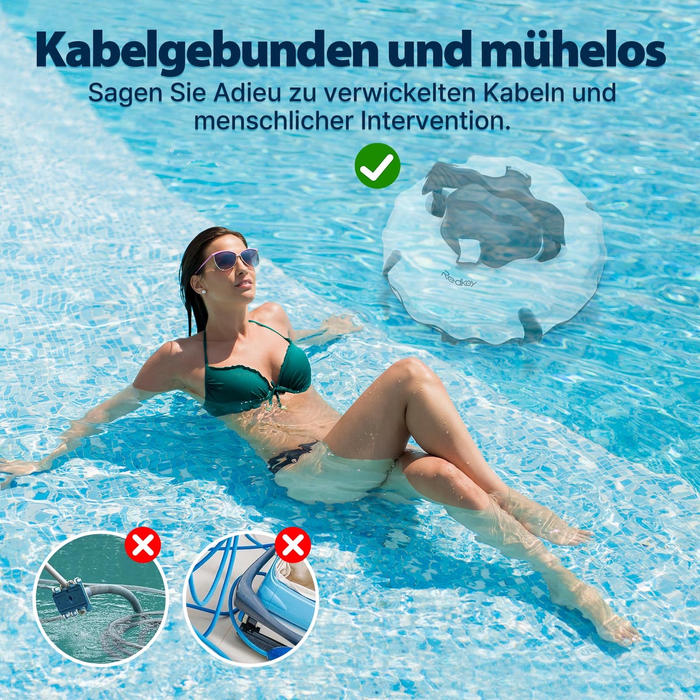 Redkey S100 Poolroboter Akku, 130 Min, 18° Steigung, Für Pools bis 100 m²