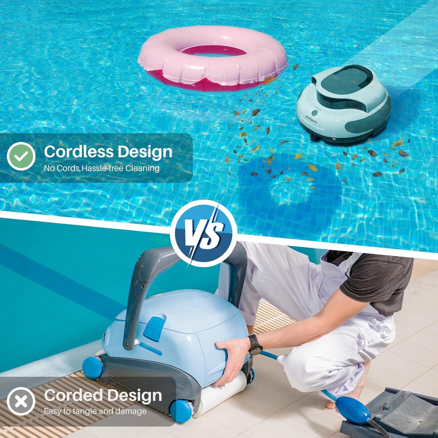 POOLPURE Poolroboter, Akku 5000 mAh, 120 Min, LED, IPX8, Für Pools bis 90 m²
