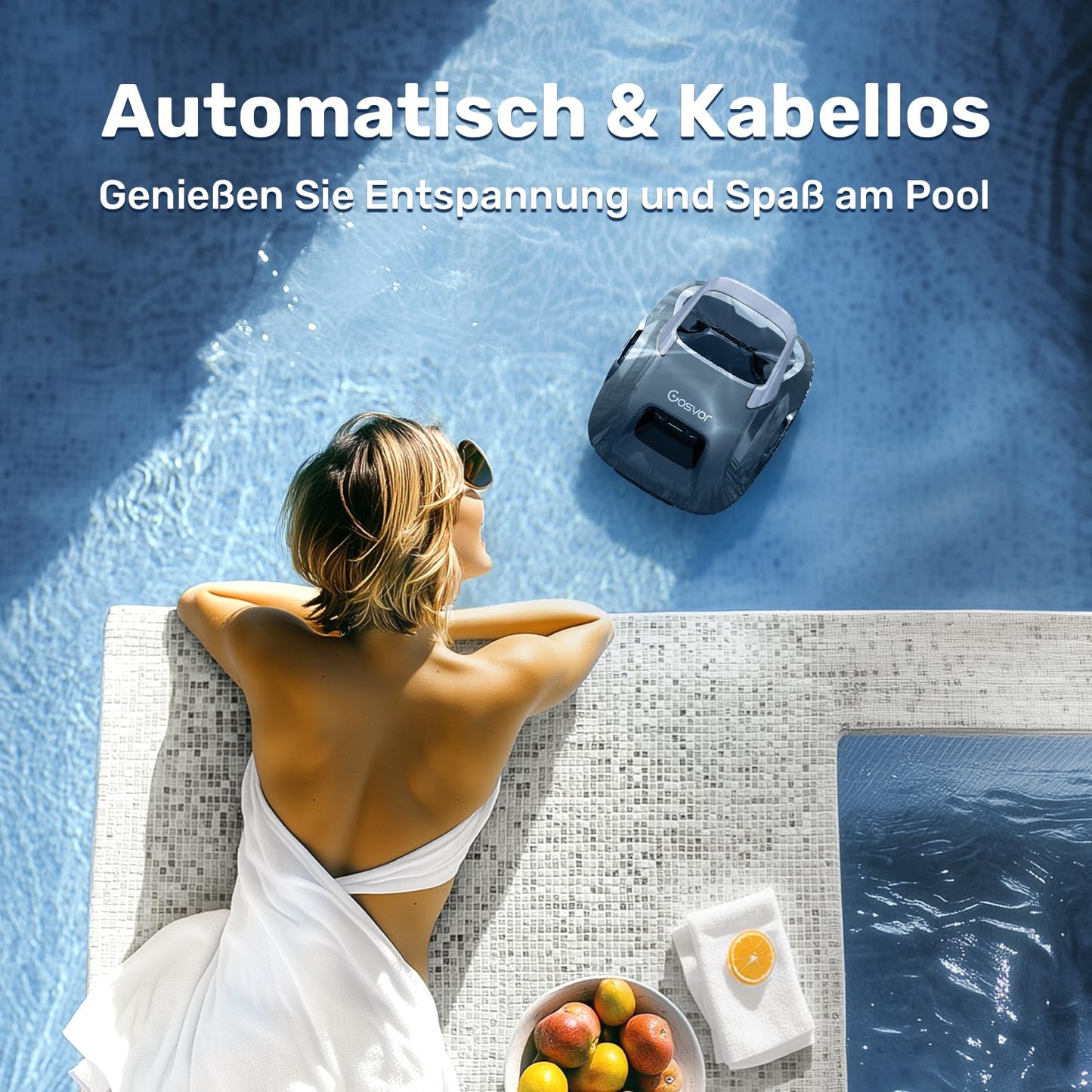 Gosvor Poolroboter Kabellos, Doppelmotor, 90 Min, 3,4kg, Für Flachpools bis 80 m²