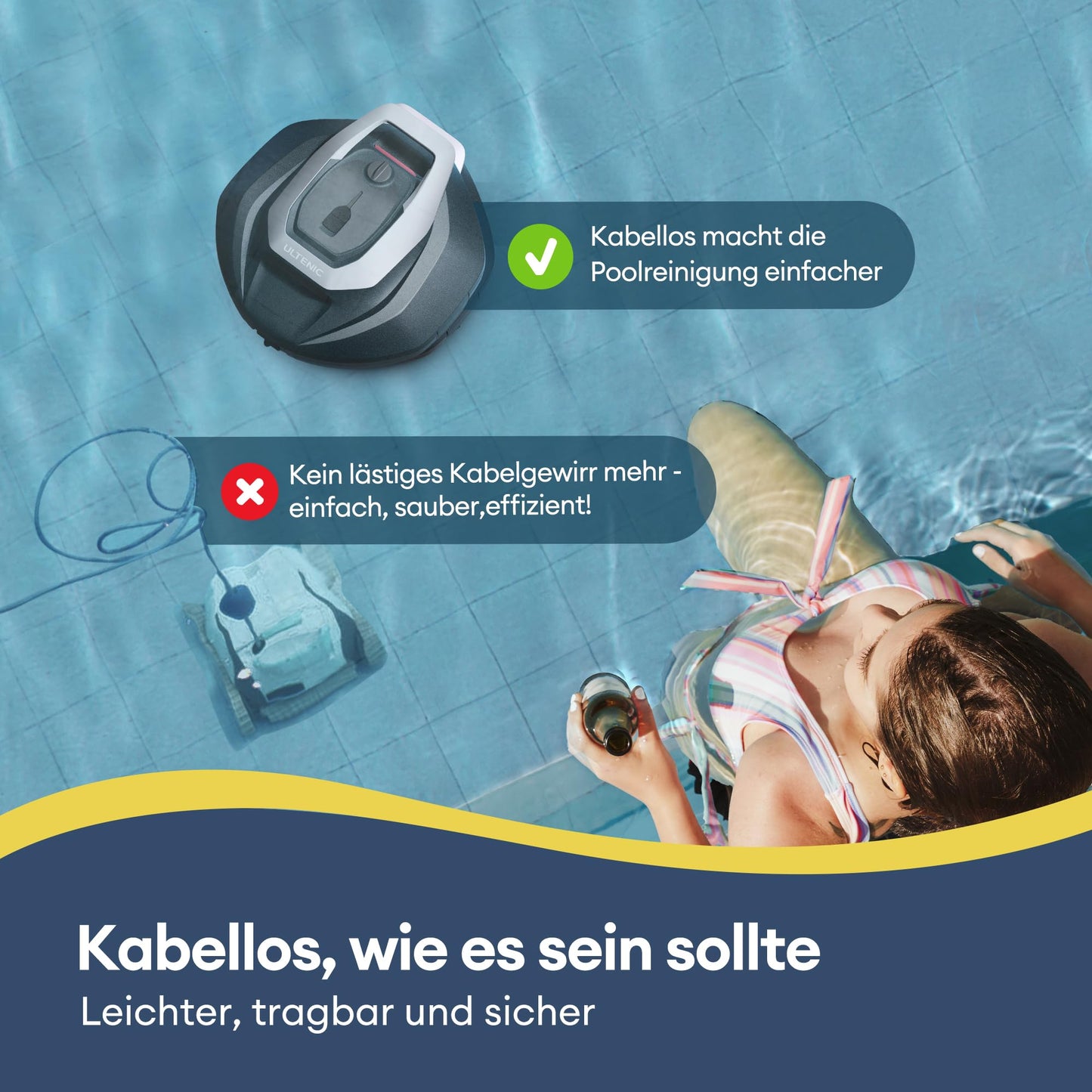 Ultenic Poolroboter Kabellos, 5200 mAh Akku, 90 Min, Auto-Parken, Für 80 m² Pools