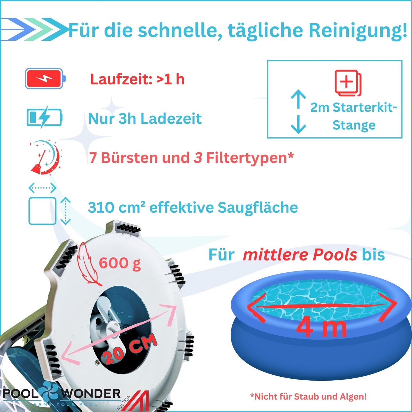 Poolwonder Marvelix Akku Poolsauger – Hergestellt in Österreich