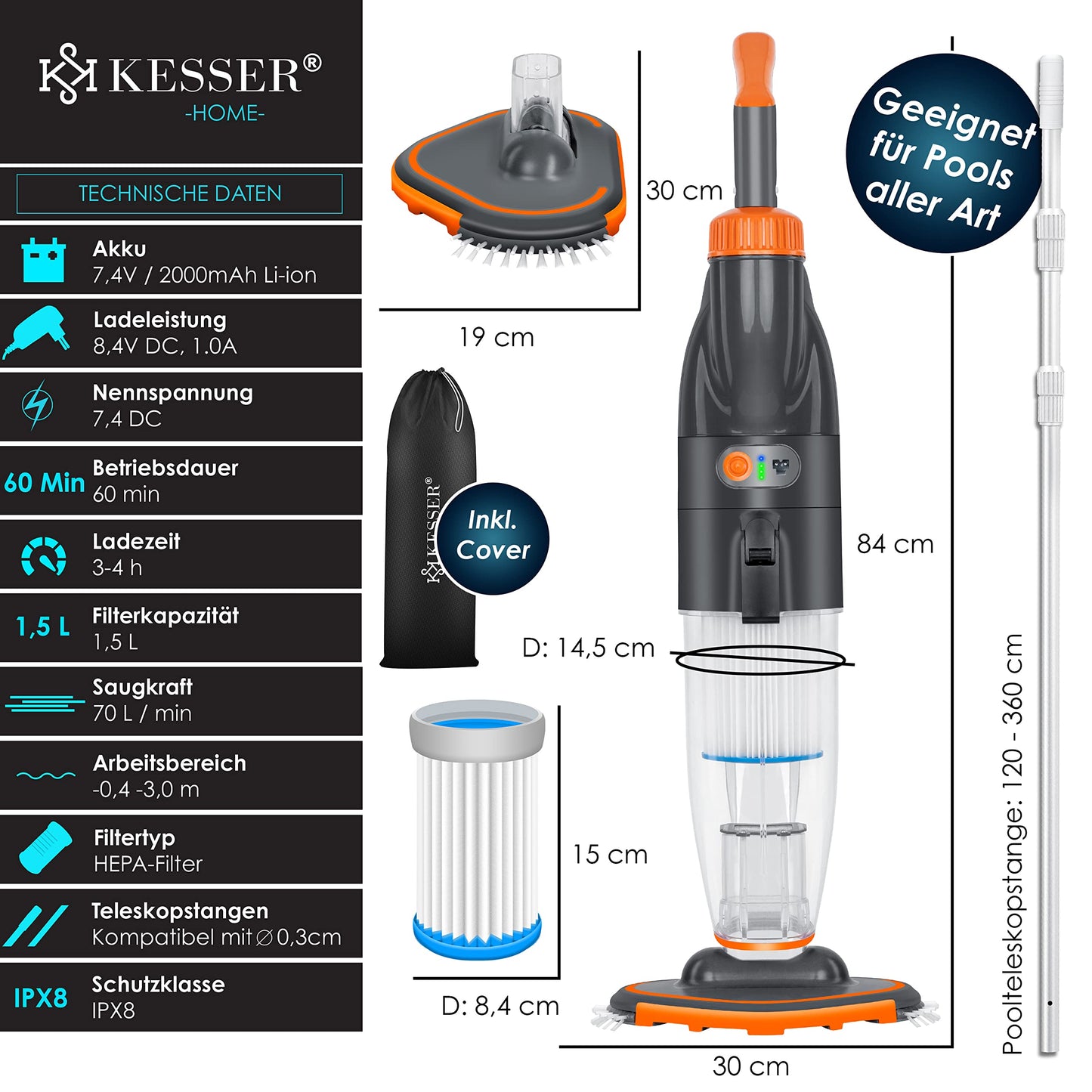 KESSER® Poolsauger mit Akku, Teleskopstange 3,6 m, 2 Stufen, Bis 15 m³, Inkl. Cover, Orange