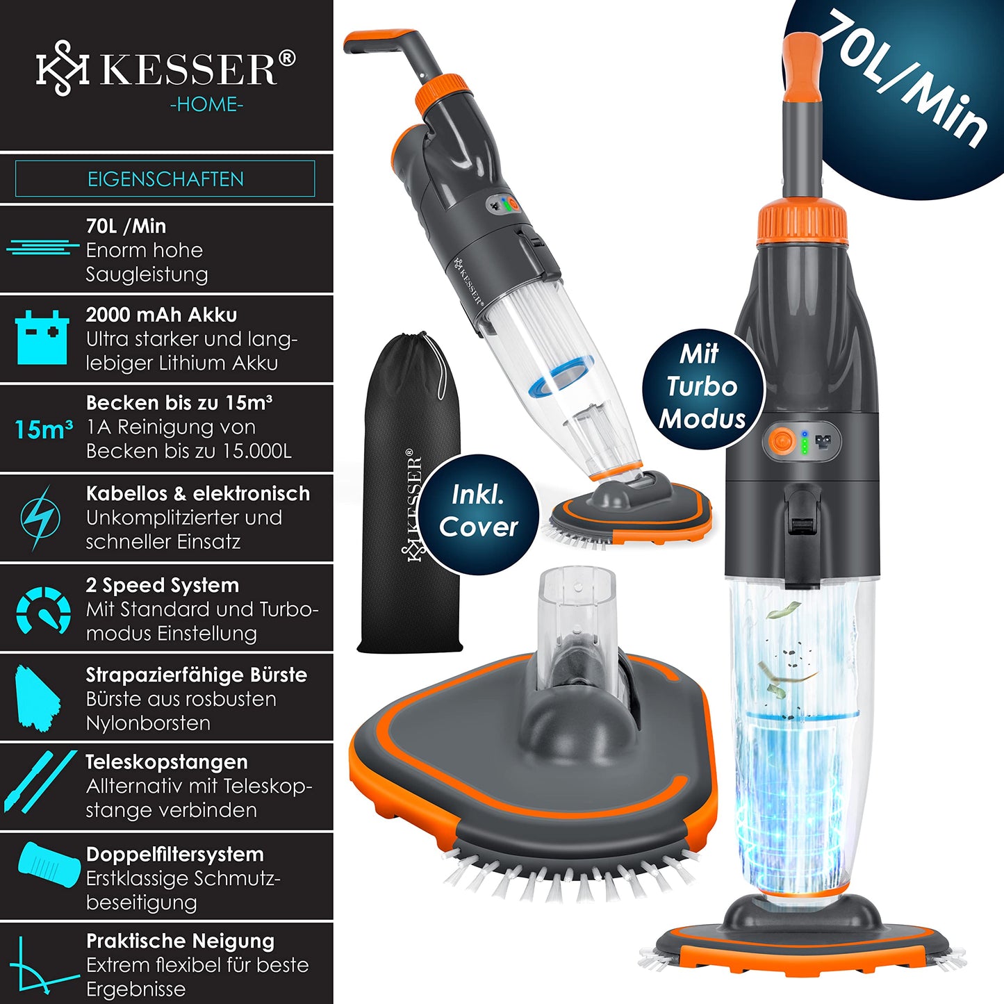 KESSER® Poolsauger mit Akku, Teleskopstange 3,6 m, 2 Stufen, Bis 15 m³, Inkl. Cover, Orange