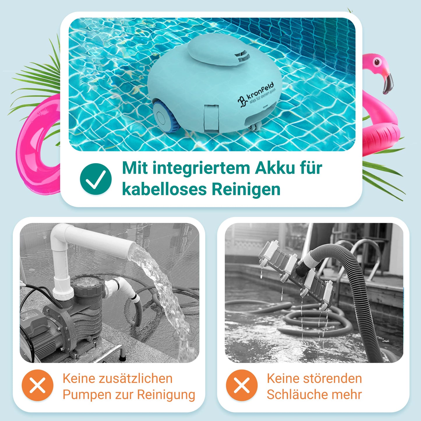 KRONFELD Poolroboter Akku, 90 Min Reinigung, Feinstaubfilter, Roby 2.0 für alle Pools