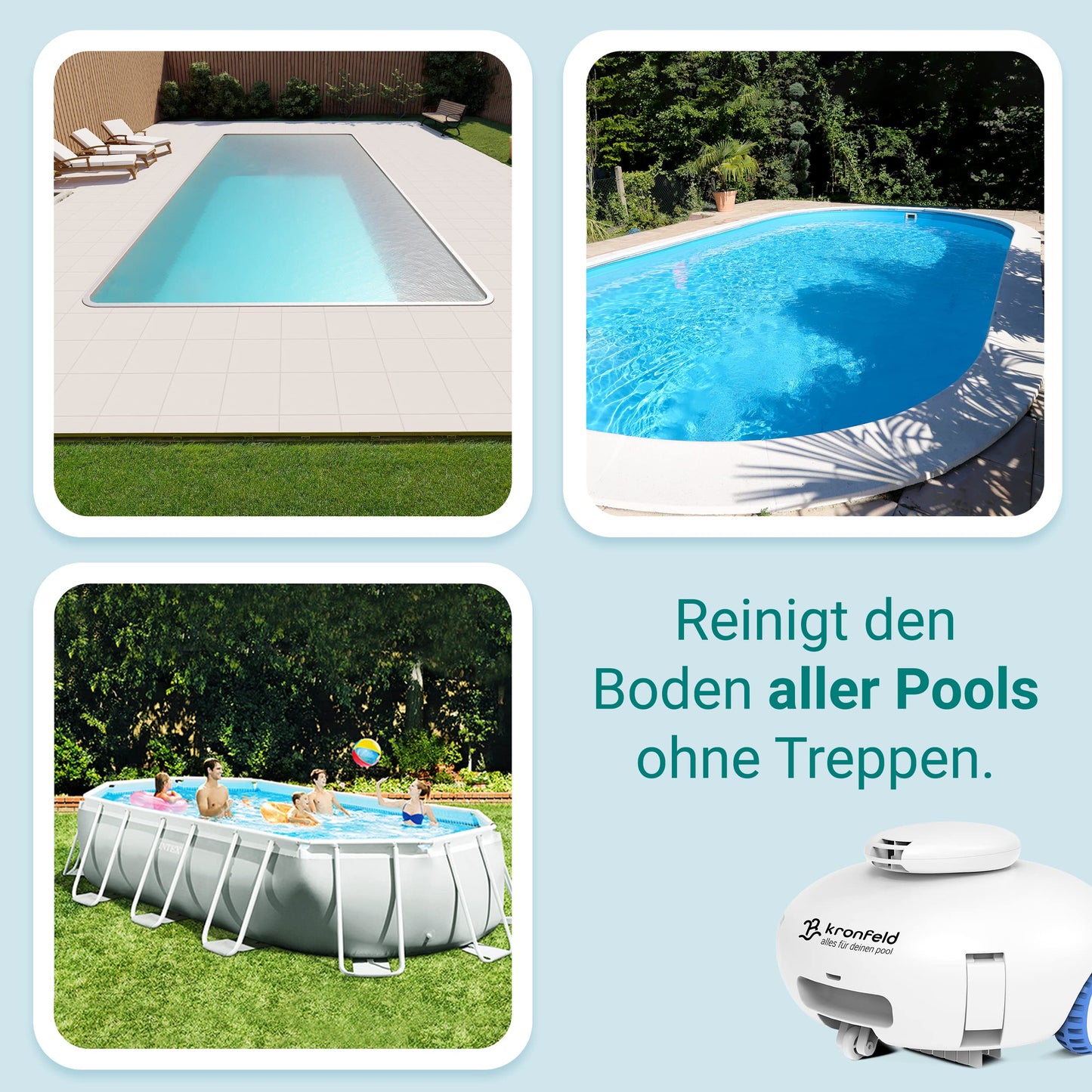 KRONFELD Poolroboter Akku, 90 Min Reinigung, Feinstaubfilter, Roby 2.0 für alle Pools