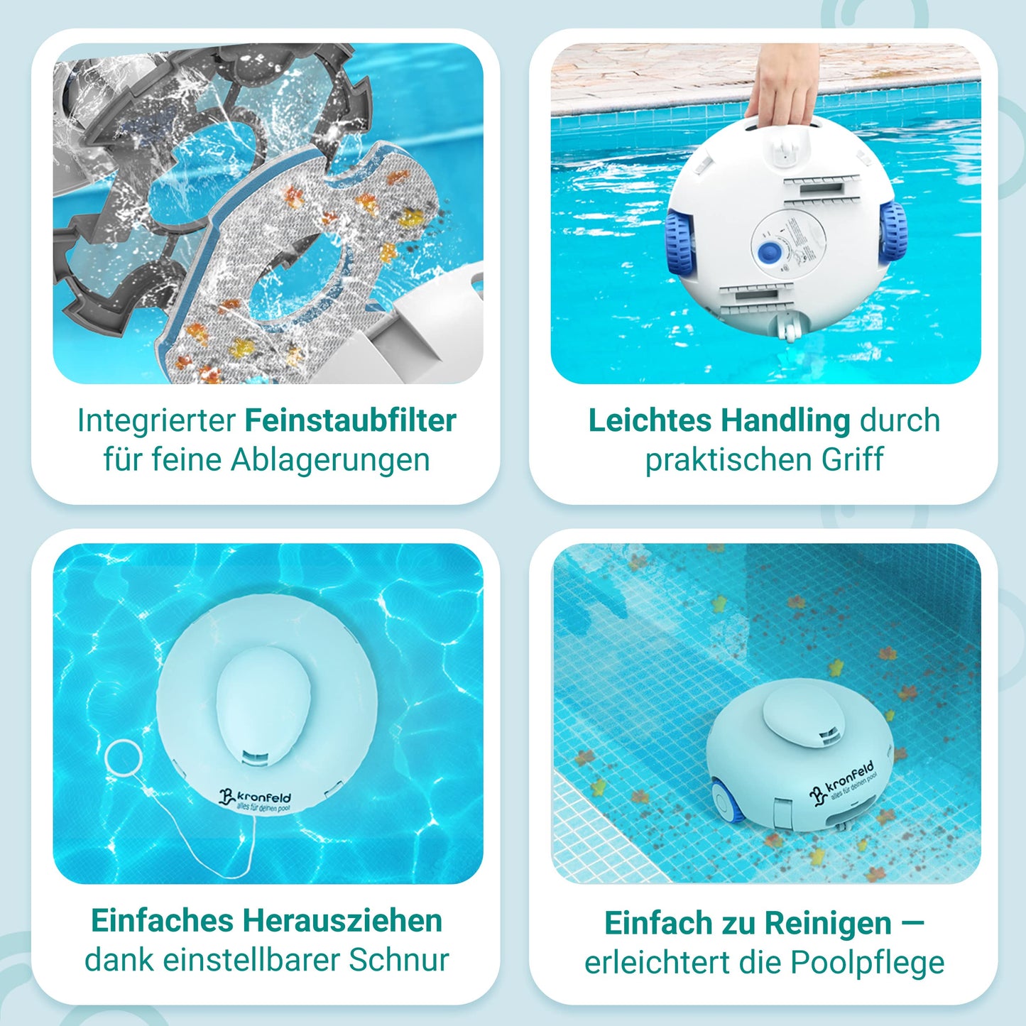KRONFELD Poolroboter Akku, 90 Min Reinigung, Feinstaubfilter, Roby 2.0 für alle Pools