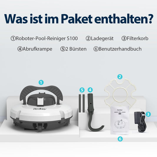 Redkey S100 Poolroboter Akku, 130 Min, 18° Steigung, Für Pools bis 100 m²