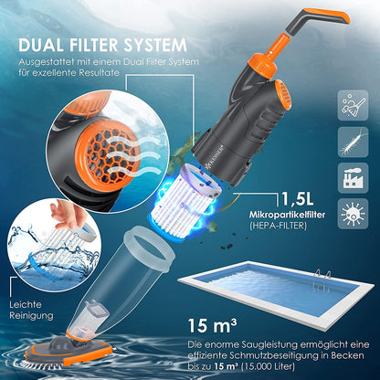 KESSER® Poolsauger mit Akku, Teleskopstange 3,6 m, 2 Stufen, Bis 15 m³, Inkl. Cover, Orange