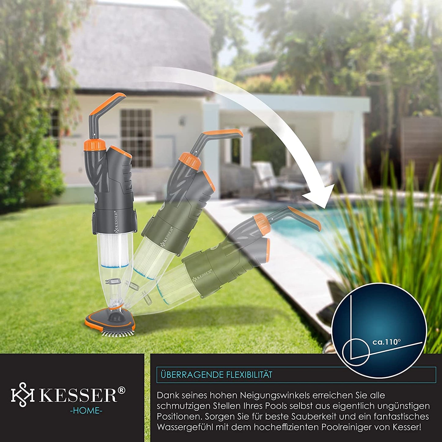 KESSER® Poolsauger mit Akku, Teleskopstange 3,6 m, 2 Stufen, Bis 15 m³, Inkl. Cover, Orange