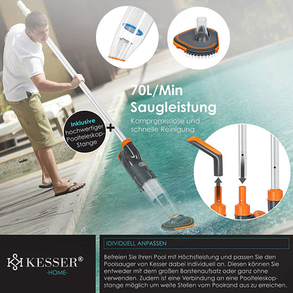 KESSER® Poolsauger mit Akku, Teleskopstange 3,6 m, 2 Stufen, Bis 15 m³, Inkl. Cover, Orange