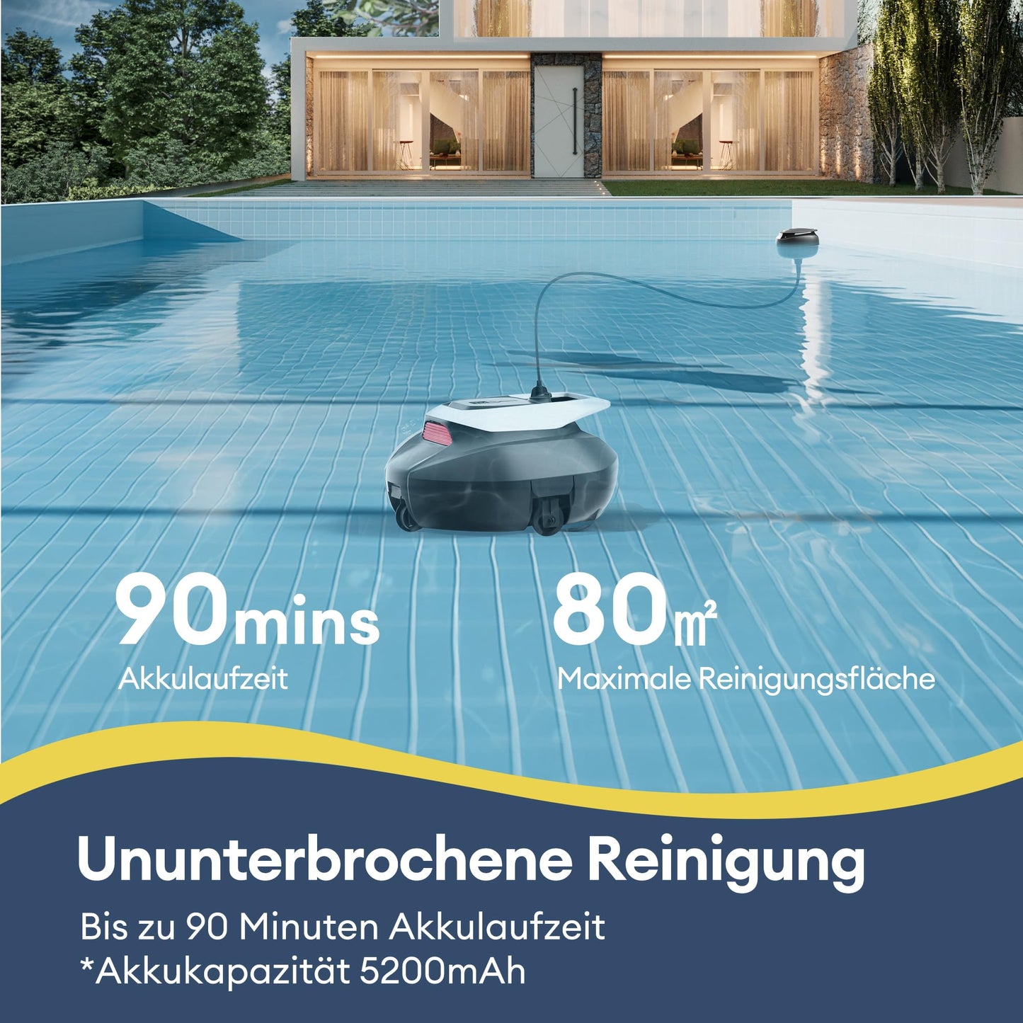 Ultenic Poolroboter Kabellos, 5200 mAh Akku, 90 Min, Auto-Parken, Für 80 m² Pools