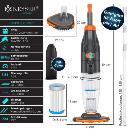 KESSER® Poolsauger mit Akku, Teleskopstange 3,6 m, 2 Stufen, Bis 15 m³, Inkl. Cover, Orange