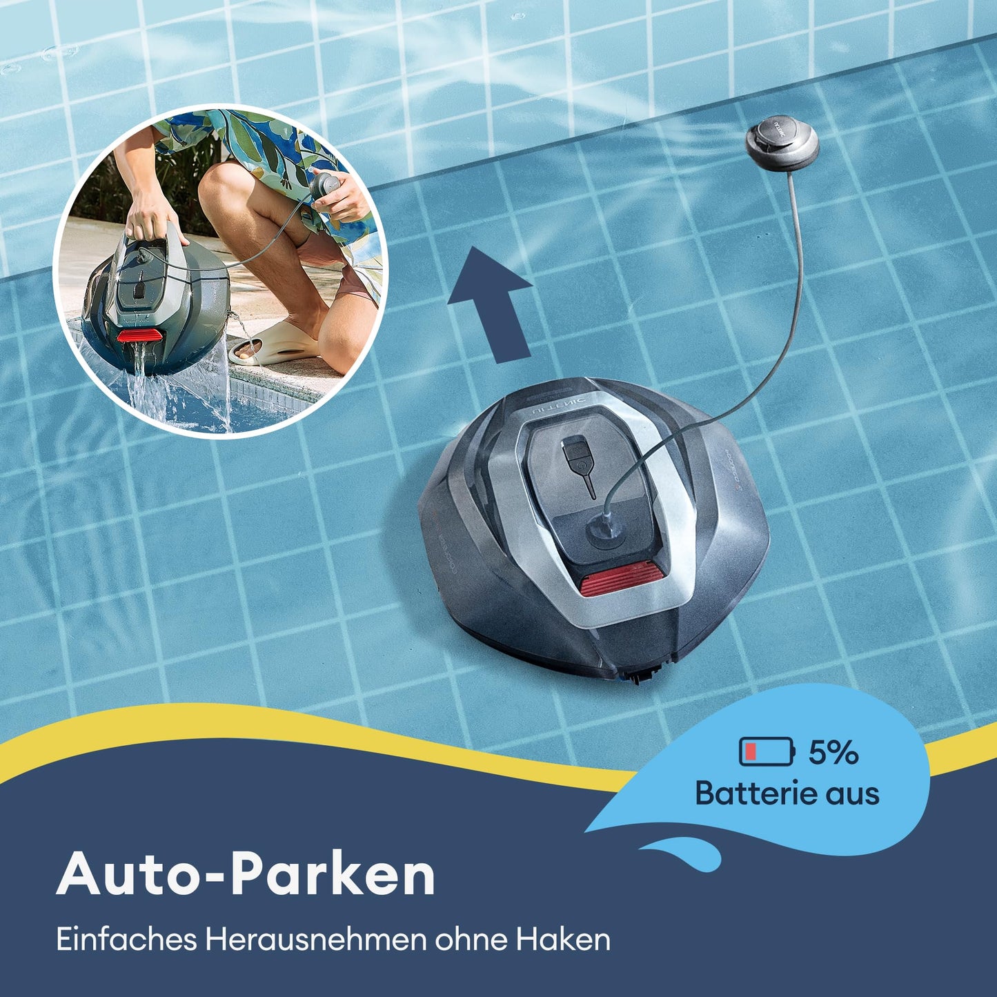Ultenic Poolroboter Kabellos, 5200 mAh Akku, 90 Min, Auto-Parken, Für 80 m² Pools
