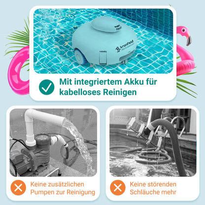 KRONFELD Poolroboter Akku, 90 Min Reinigung, Feinstaubfilter, Roby 2.0 für alle Pools